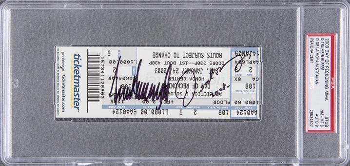 2009 Day of Reckoning MMA Multi-Signed & Inscribed Ticket Stub With 4 Signatures Including Donald Trump, Michael Strahan, Oscar De La Hoya and Bruce Buffer - PSA NM-MT 8/AUTO 9